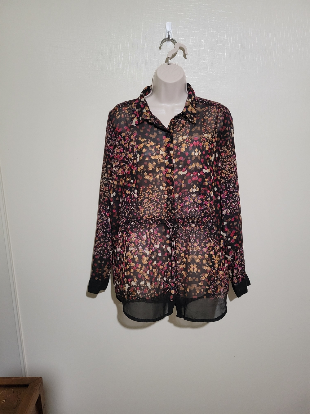 paper tee Sheer Black Blouse with Pink and Gold Floral Print
